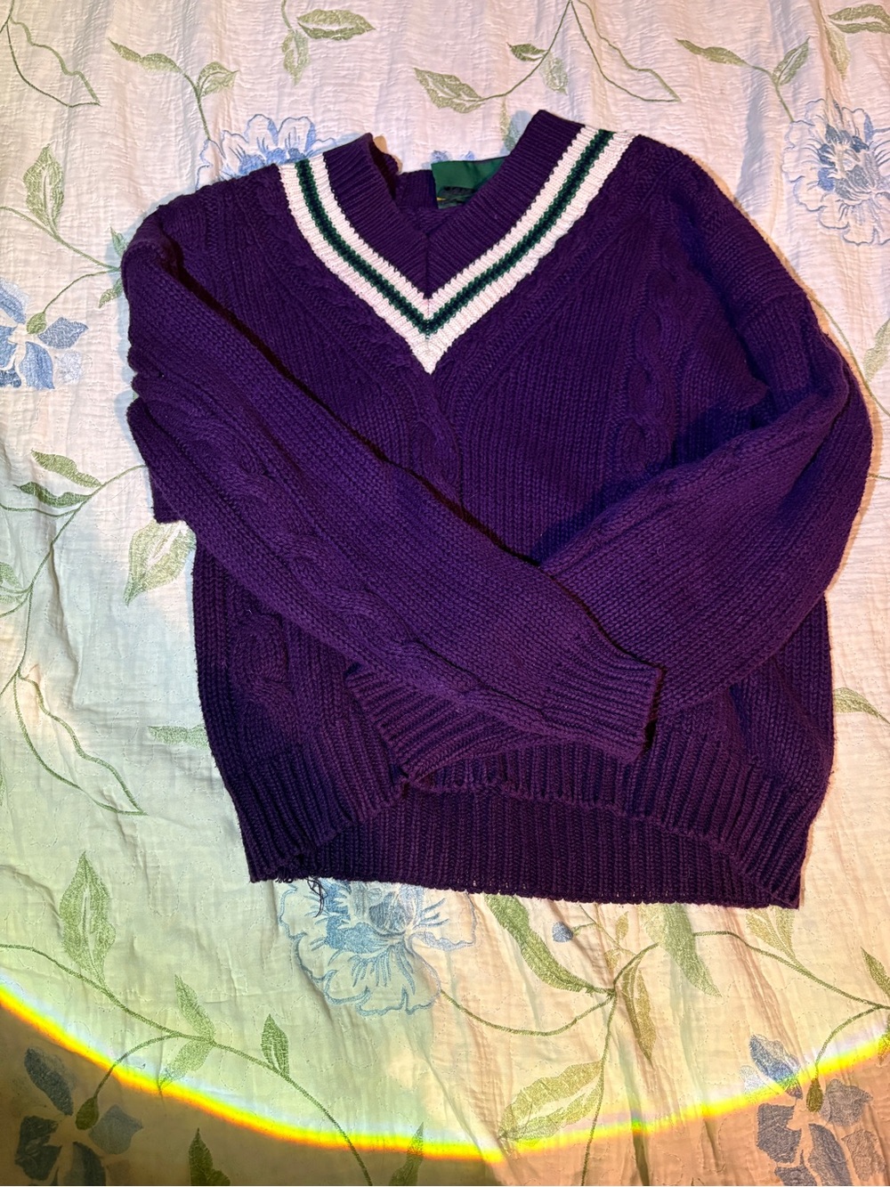 Womens's Purple V-Neck Cable Knit Sweater with Stripe Trim